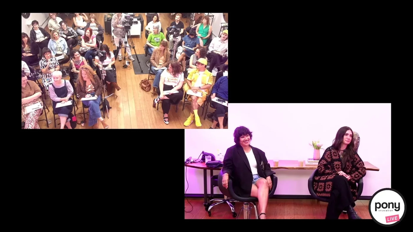 Live in-room audience watching a sit-down conversation during a Pony Education class with Corinna Hernandez
